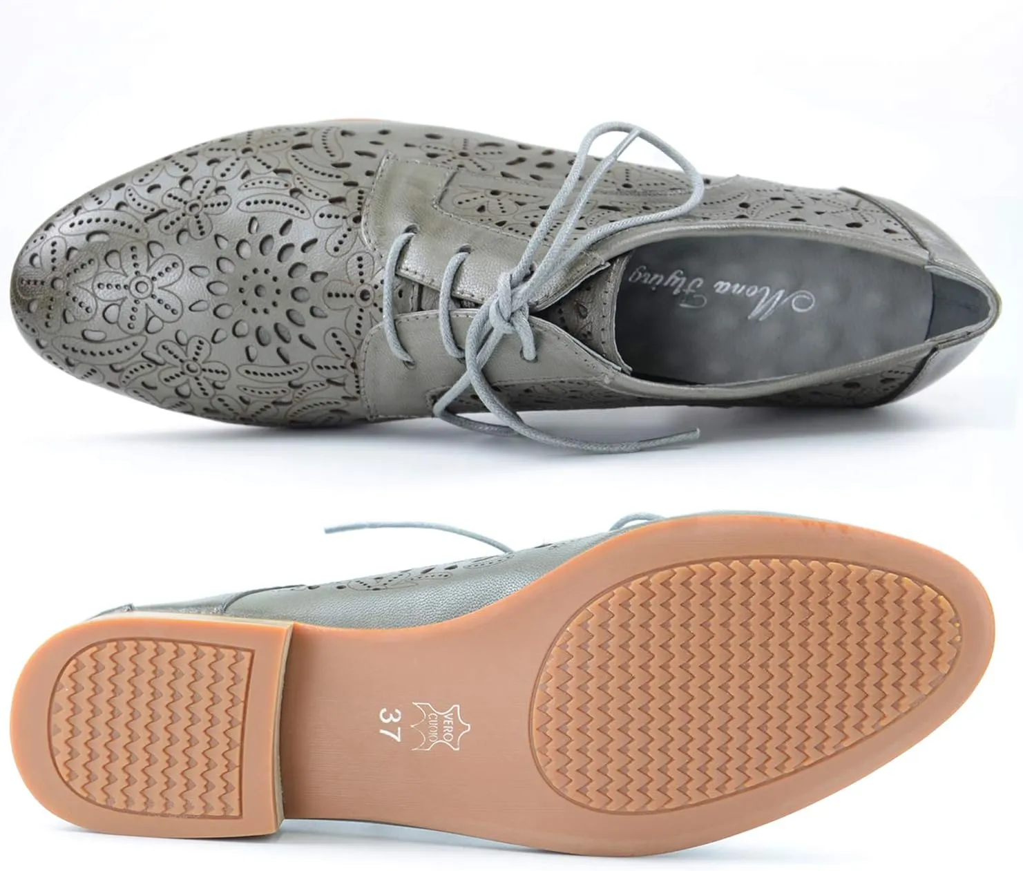 Mona flying Women's Leather Perforated Lace-up Oxfords Brogue Derby Shoes for Ladies