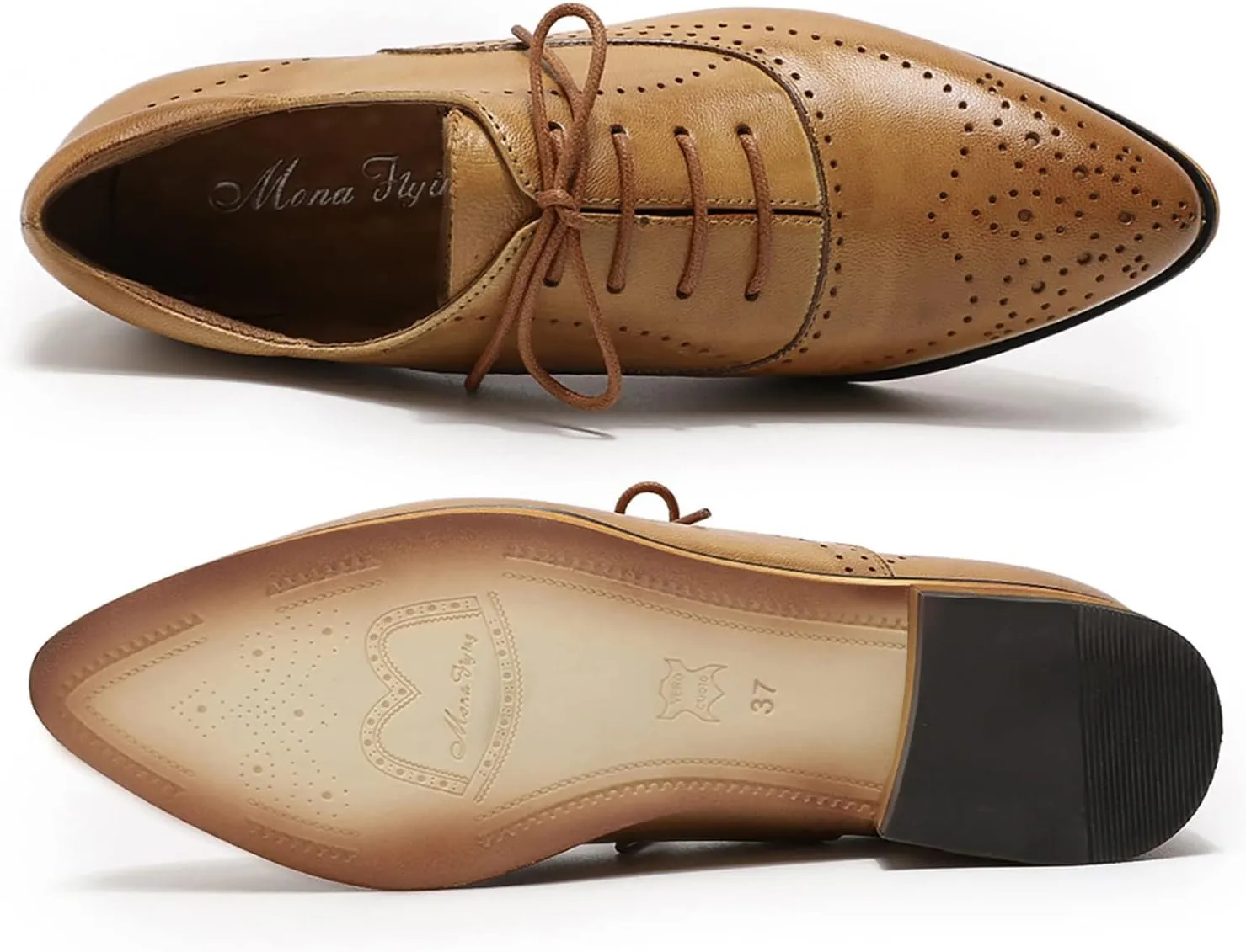 Mona flying Women's Leather Perforated Lace-up Oxfords Brogue Derby Shoes for Ladies