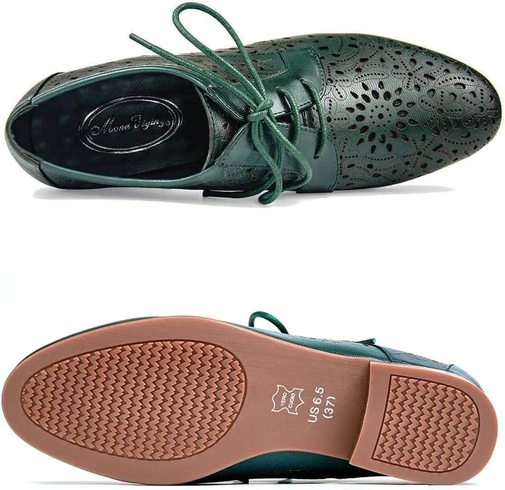 Mona flying Women's Leather Perforated Lace-up Oxfords Brogue Derby Shoes for Ladies