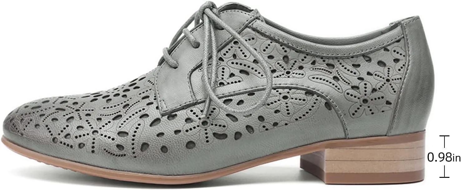 Mona flying Women's Leather Perforated Lace-up Oxfords Brogue Derby Shoes for Ladies