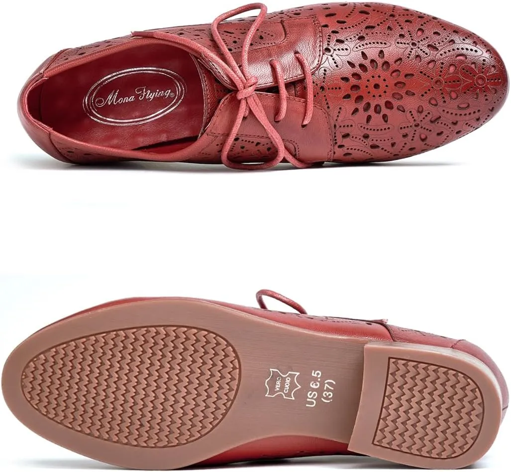 Mona flying Women's Leather Perforated Lace-up Oxfords Brogue Derby Shoes for Ladies