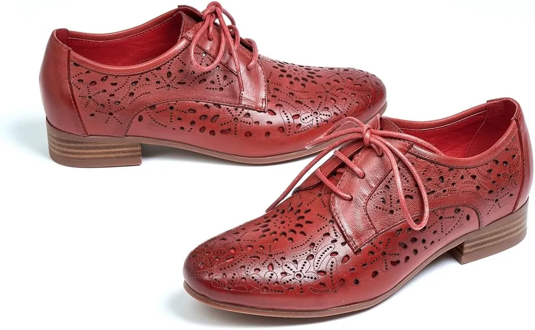 Mona flying Women's Leather Perforated Lace-up Oxfords Brogue Derby Shoes for Ladies