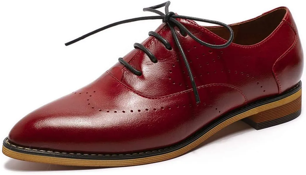 Mona flying Women's Pointed Toe Leather Oxfords Brogue Stylish Lace up Leather Shoes for Work