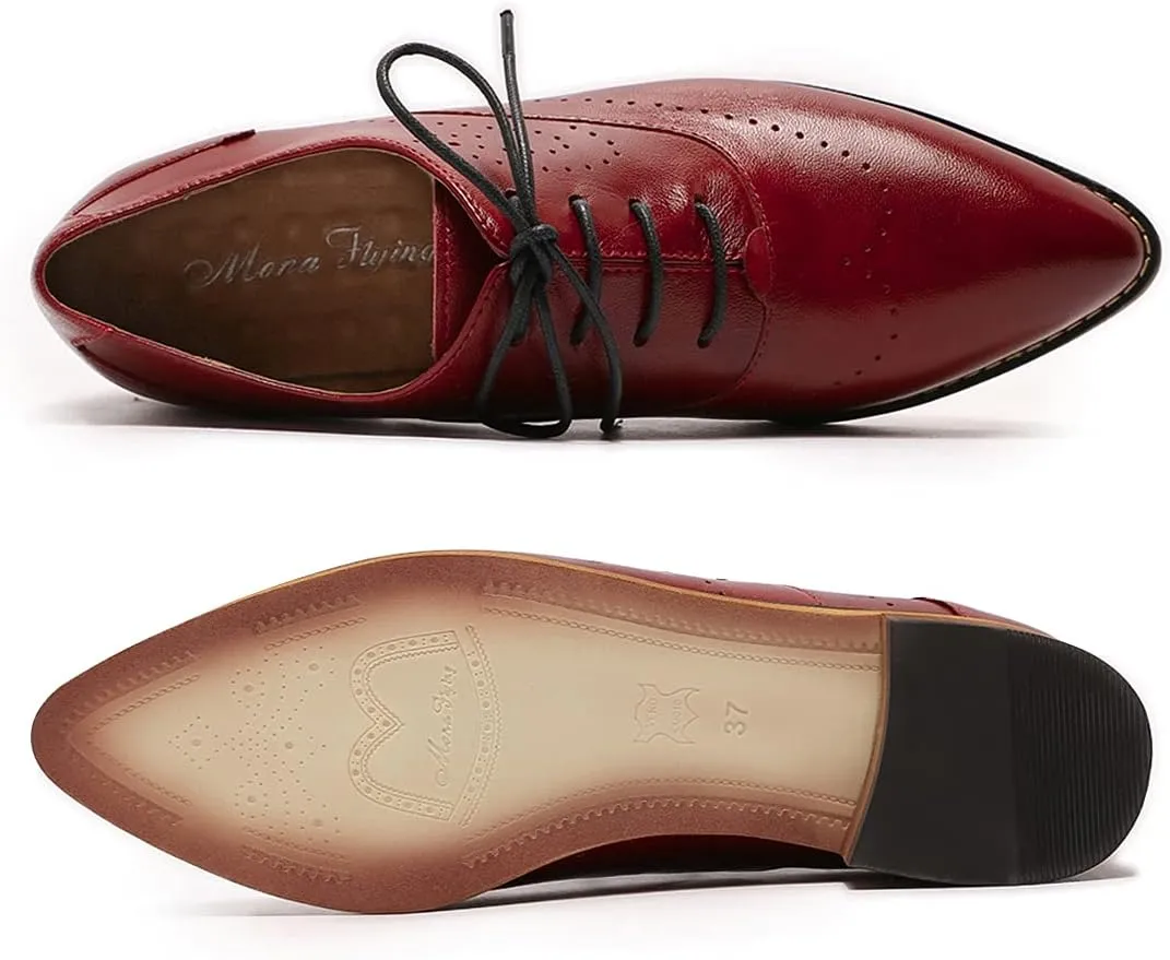 Mona flying Women's Pointed Toe Leather Oxfords Brogue Stylish Lace up Leather Shoes for Work