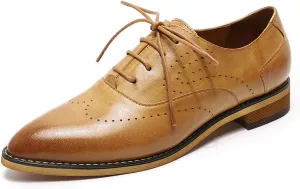 Mona flying Women's Pointed Toe Leather Oxfords Brogue Stylish Lace up Leather Shoes for Work