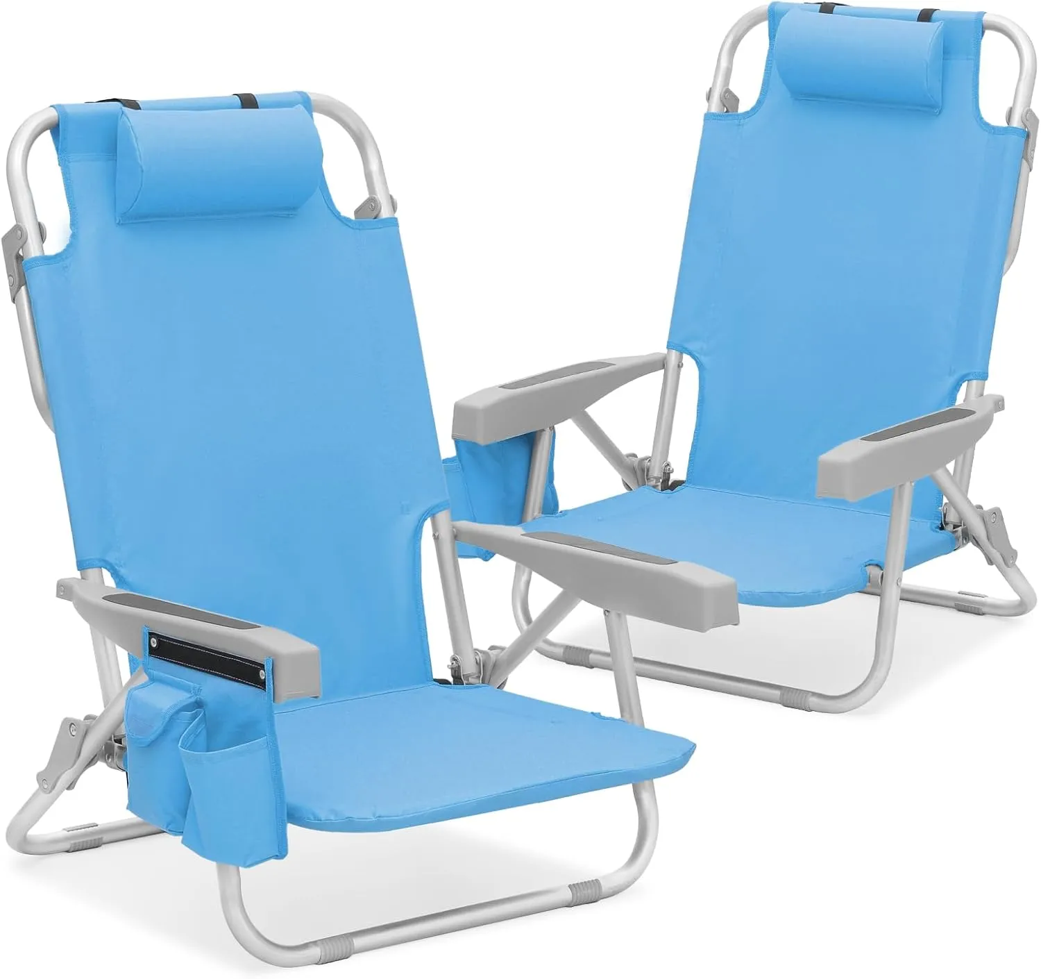 MoNiBloom Low Profile Seat Lightweight Portable Folding Beach Chair with Cup Holder Cooler Bag Heavy-Duty Outdoor Lawn Concert Travel Picnic Hiking Camping Sand Chair for Adults (Sky Blue, 2-Pack)