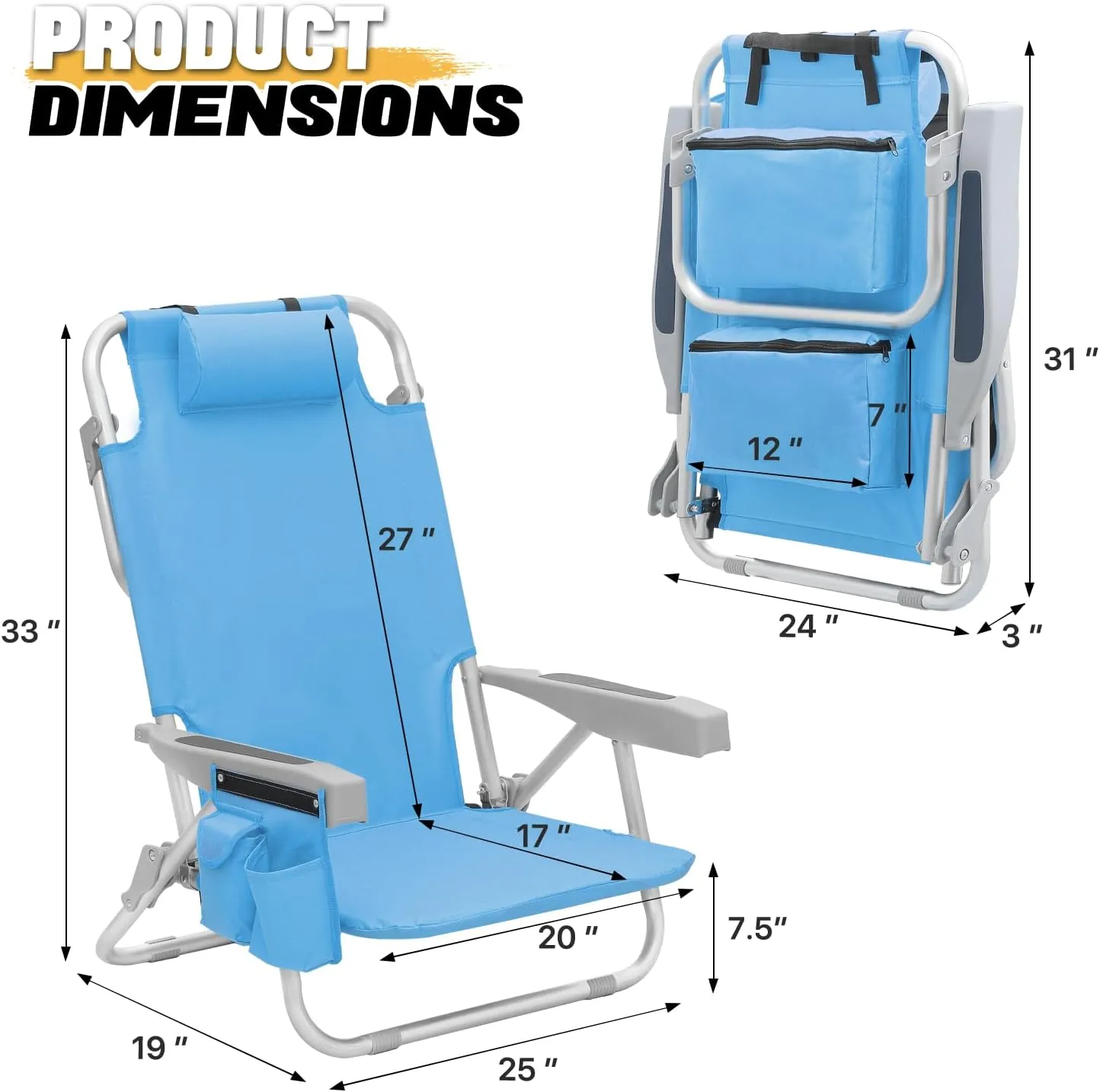 MoNiBloom Low Profile Seat Lightweight Portable Folding Beach Chair with Cup Holder Cooler Bag Heavy-Duty Outdoor Lawn Concert Travel Picnic Hiking Camping Sand Chair for Adults (Sky Blue, 2-Pack)