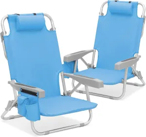 MoNiBloom Low Profile Seat Lightweight Portable Folding Beach Chair with Cup Holder Cooler Bag Heavy-Duty Outdoor Lawn Concert Travel Picnic Hiking Camping Sand Chair for Adults (Sky Blue, 2-Pack)
