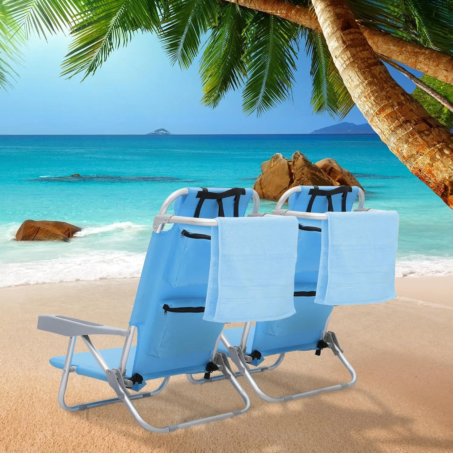 MoNiBloom Low Profile Seat Lightweight Portable Folding Beach Chair with Cup Holder Cooler Bag Heavy-Duty Outdoor Lawn Concert Travel Picnic Hiking Camping Sand Chair for Adults (Sky Blue, 2-Pack)