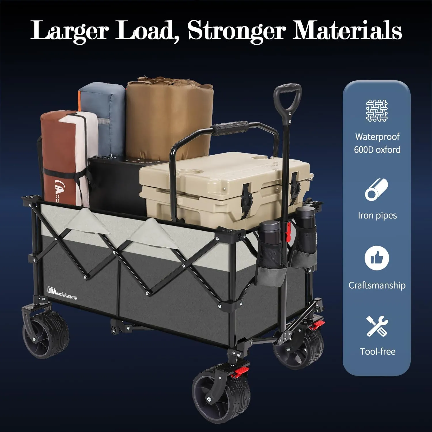 MOON LENCE Collapsible Foldable Wagon Cart, 220L Large Weight Capacity Folding Utility Wagon with All-Terrain Big Wheels, Utility Cart Wagon for Garden, Grocery, Shopping, Camping, Beach, Picnics