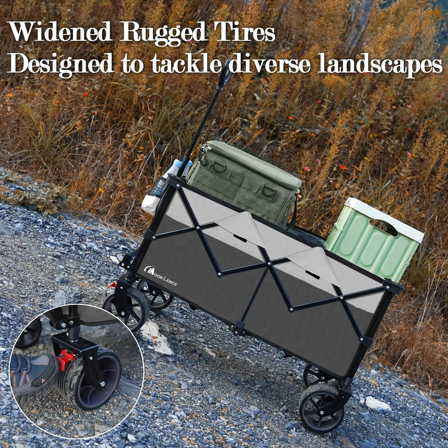 MOON LENCE Collapsible Foldable Wagon Cart, 220L Large Weight Capacity Folding Utility Wagon with All-Terrain Big Wheels, Utility Cart Wagon for Garden, Grocery, Shopping, Camping, Beach, Picnics