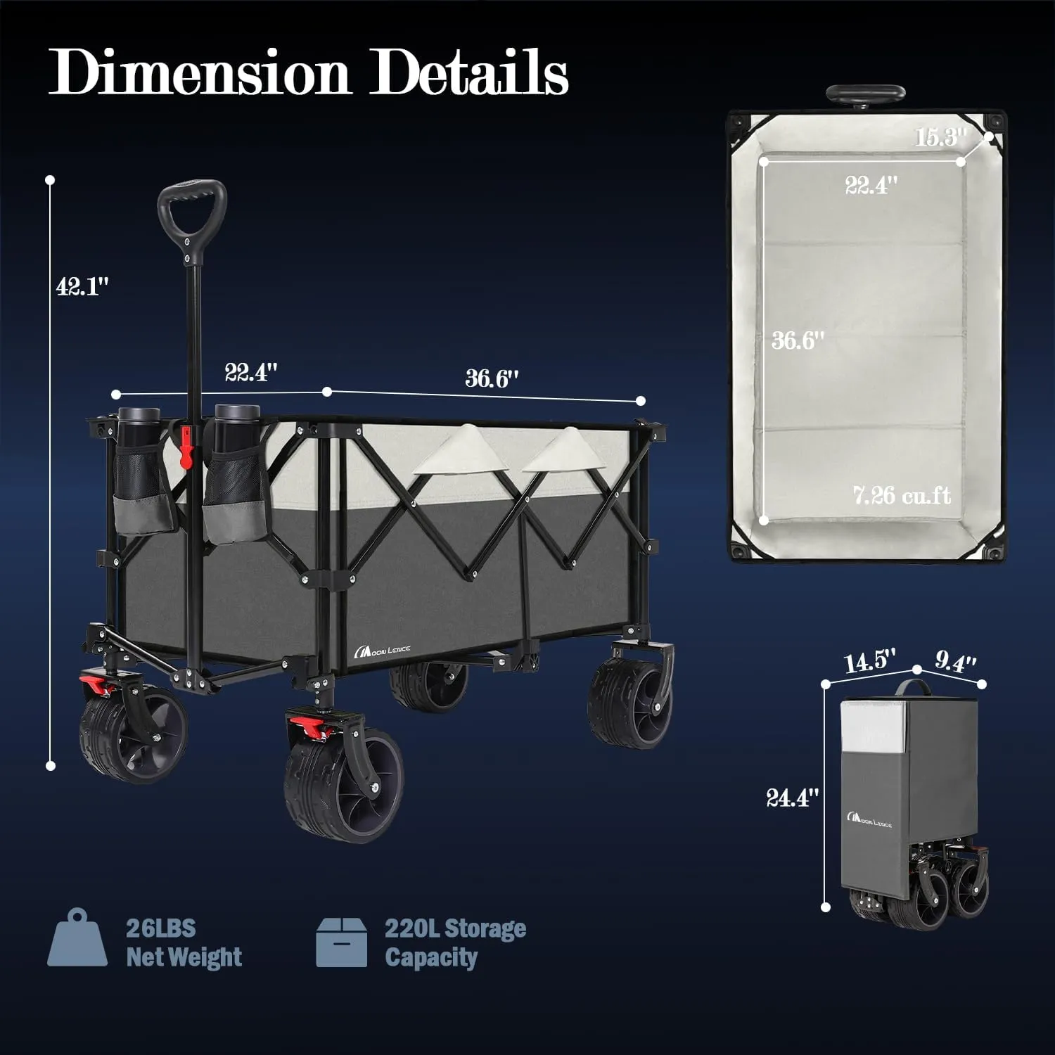 MOON LENCE Collapsible Foldable Wagon Cart, 220L Large Weight Capacity Folding Utility Wagon with All-Terrain Big Wheels, Utility Cart Wagon for Garden, Grocery, Shopping, Camping, Beach, Picnics