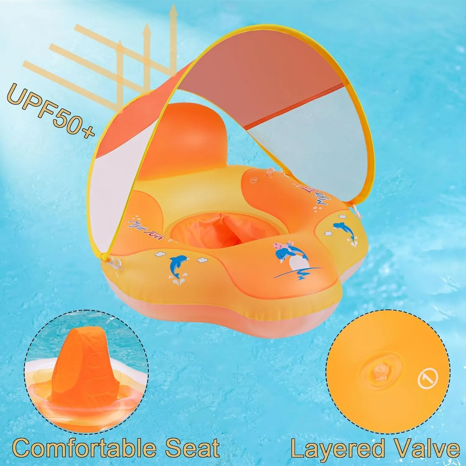 Myir JUN Baby Float with Canopy, Inflatable Baby Pool Float Toddler Float Children Float for Pool Swim Trainer Toddler Swim Float (Orange, S,Float with Canopy)