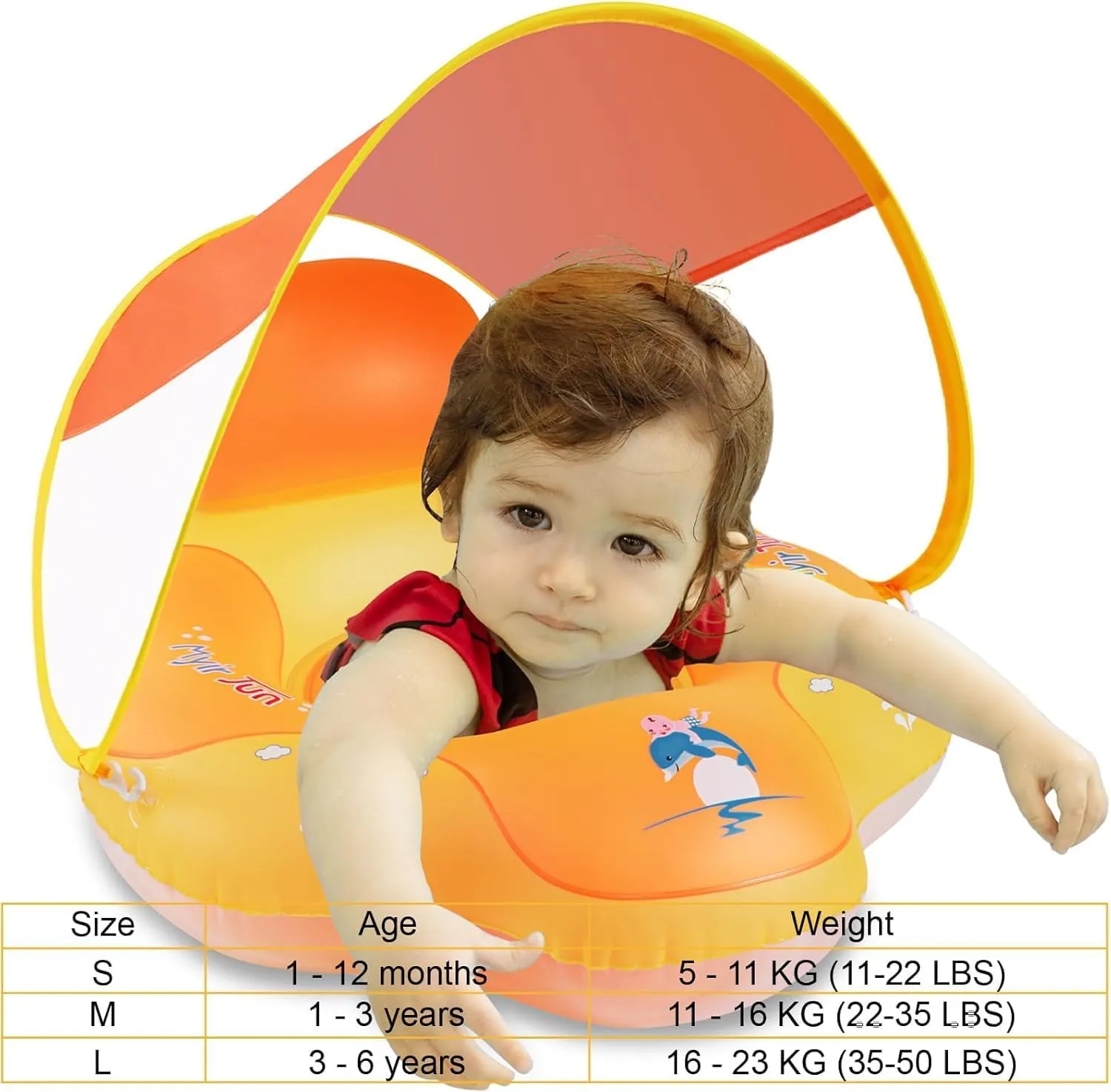 Myir JUN Baby Float with Canopy, Inflatable Baby Pool Float Toddler Float Children Float for Pool Swim Trainer Toddler Swim Float (Orange, S,Float with Canopy)
