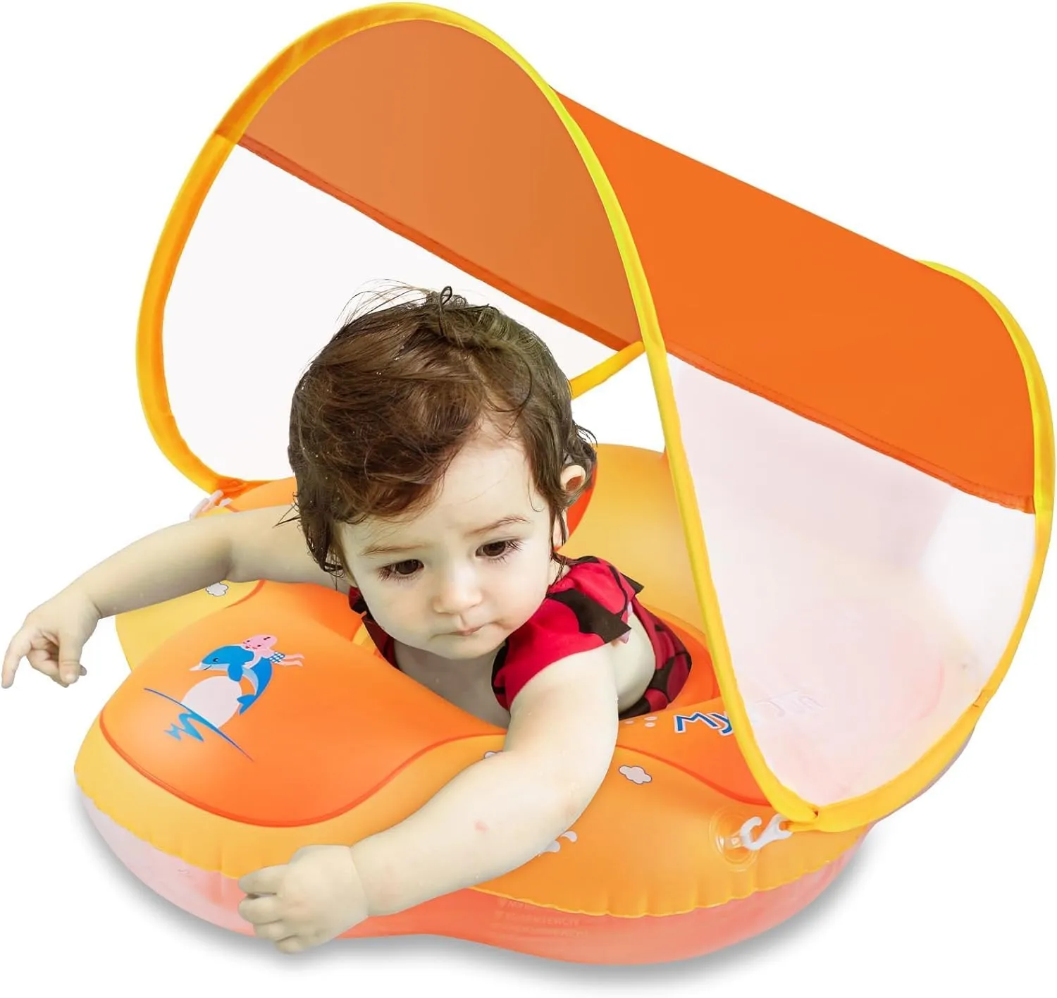 Myir JUN Baby Float with Canopy, Inflatable Baby Pool Float Toddler Float Children Float for Pool Swim Trainer Toddler Swim Float (Orange, S,Float with Canopy)