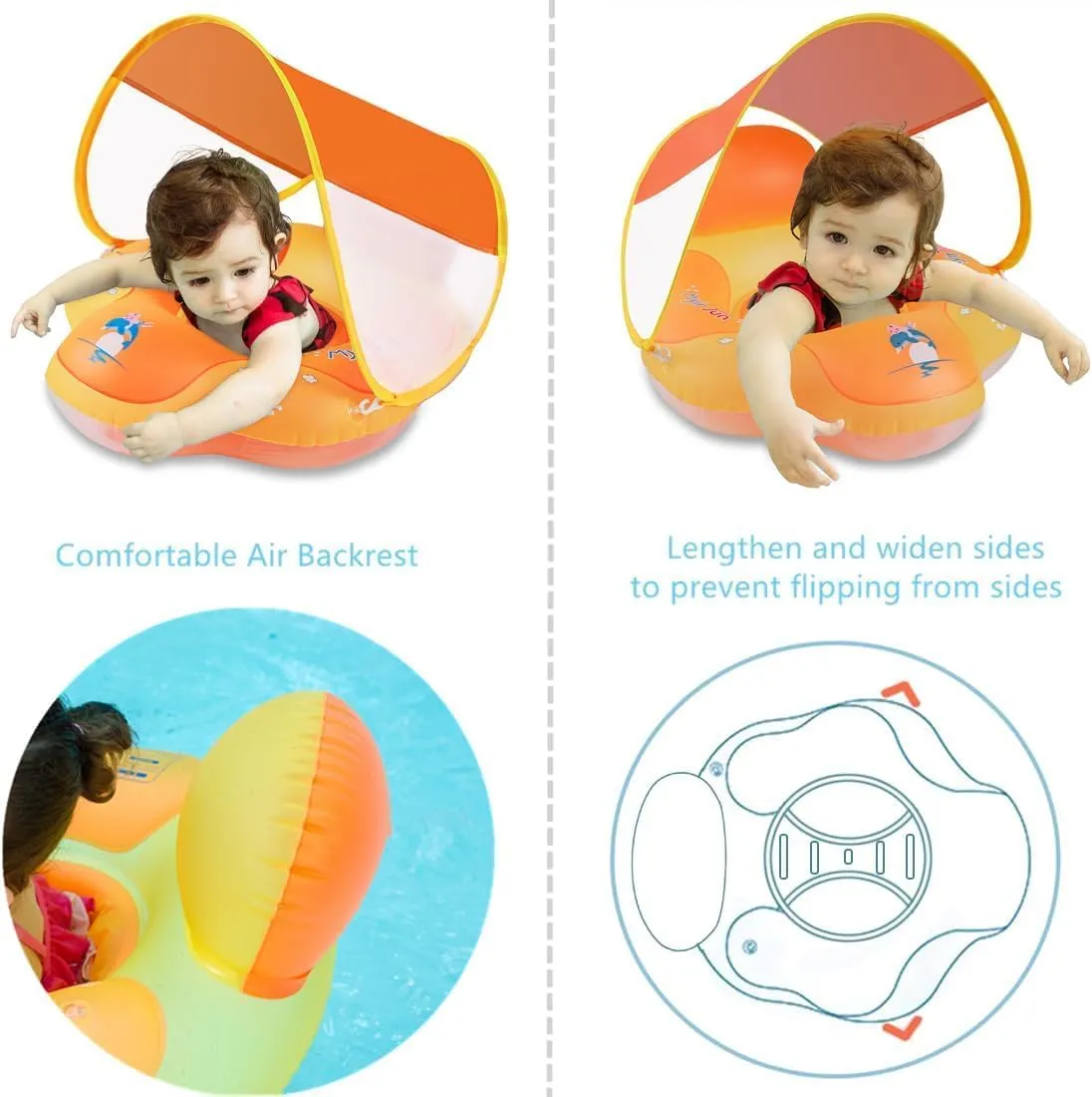 Myir JUN Baby Float with Canopy, Inflatable Baby Pool Float Toddler Float Children Float for Pool Swim Trainer Toddler Swim Float (Orange, S,Float with Canopy)