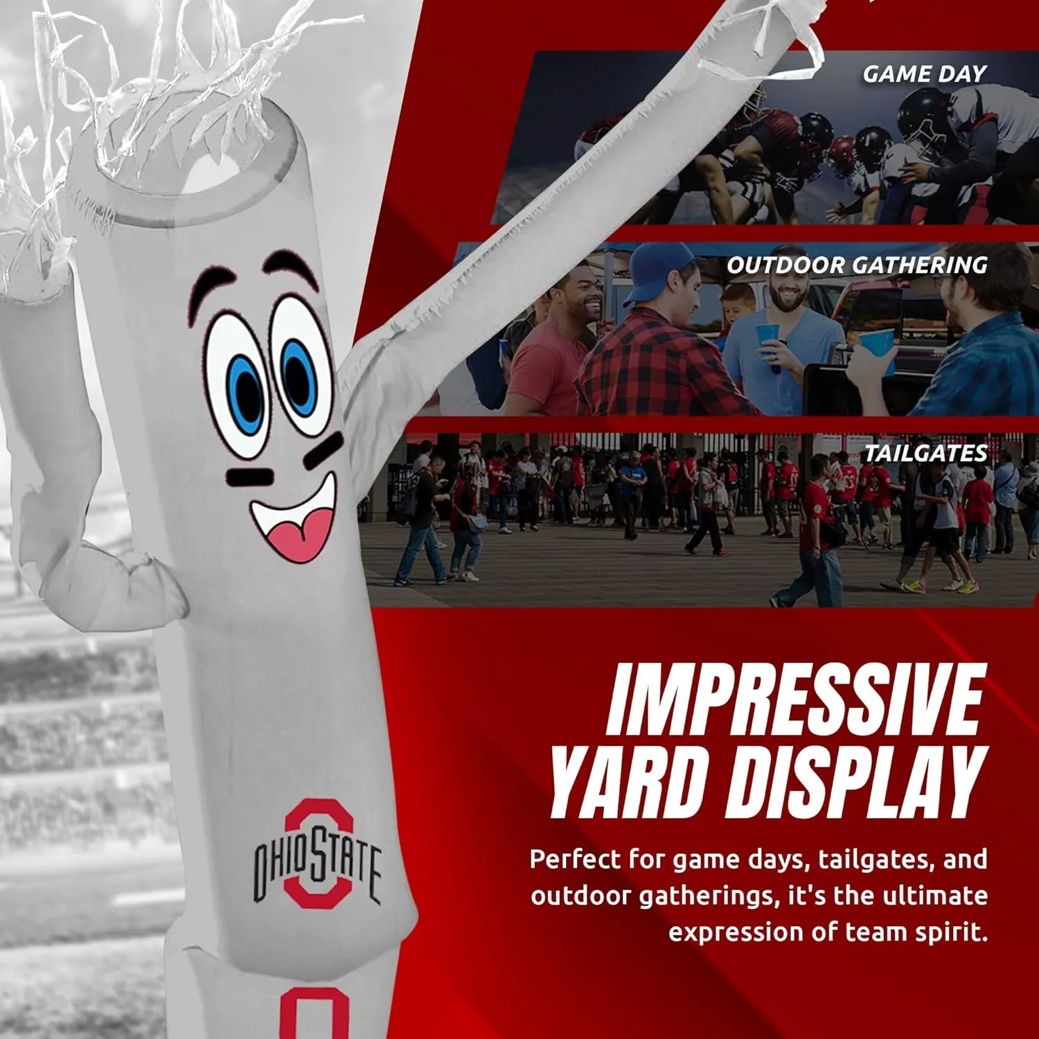 NCAA Ohio State Buckeyes Football Wacky Waving Inflatable Tube Guy with LED Lights & Built-in Blower - 6" x 36" x 96" Inflatable Tube Man Crazy Sports Fan Outdoor Party Decoration