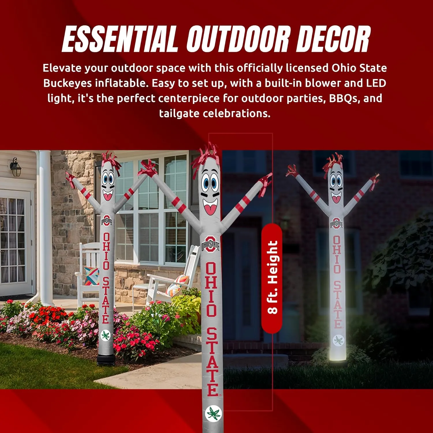 NCAA Ohio State Buckeyes Football Wacky Waving Inflatable Tube Guy with LED Lights & Built-in Blower - 6" x 36" x 96" Inflatable Tube Man Crazy Sports Fan Outdoor Party Decoration