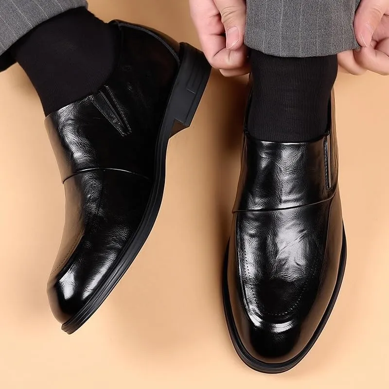 New Invisible Height Increasing Elevator Shoes for Men Slip On Leather Dress Oxford Shoes Burnished Pointed Toe Non-Slip Low Top Block Heel Formal Shoes