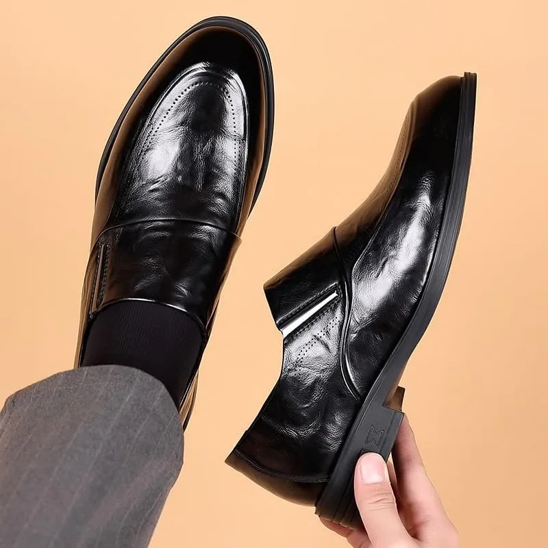 New Invisible Height Increasing Elevator Shoes for Men Slip On Leather Dress Oxford Shoes Burnished Pointed Toe Non-Slip Low Top Block Heel Formal Shoes