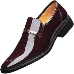 New Men's Oxford Formal Dress Shoes, Slip-On Pointed Burnished Toe Leather, Non-Slip Rubber Sole, Low Top Block Heel Casual Shoes
