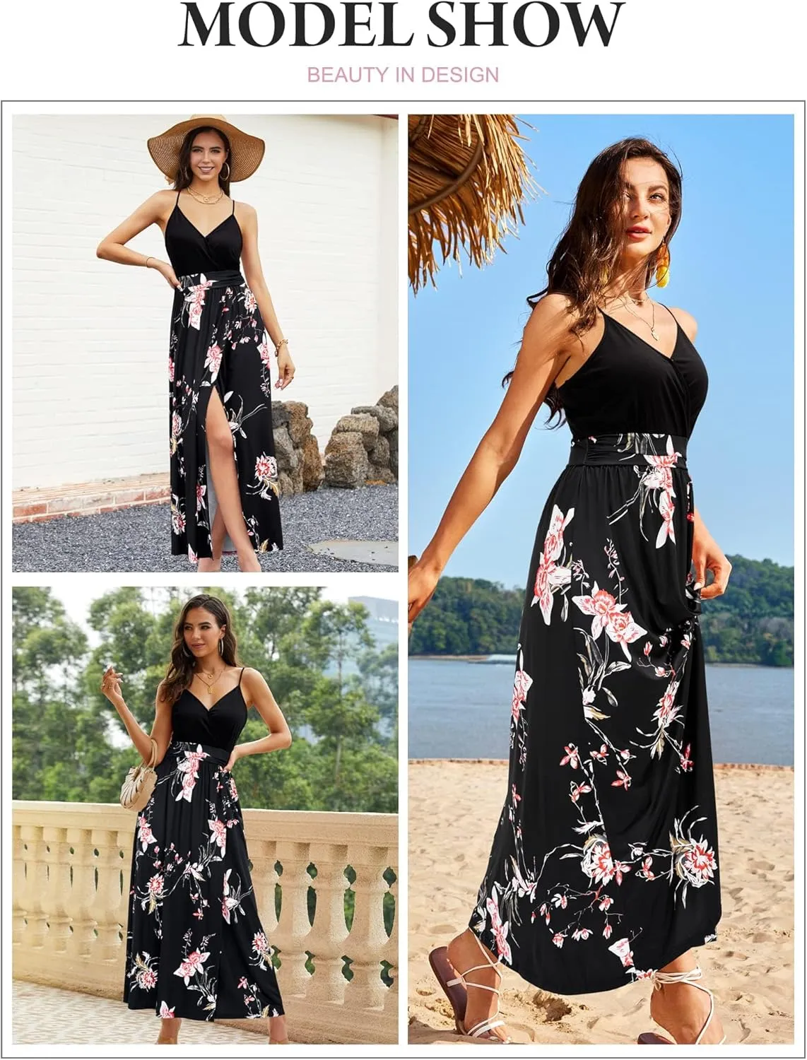 Newshows Women Summer 2025 Maxi Dress Vacation Floral Spaghetti Strap Spring Casual Boho Split Beach Long Flowy Sundress