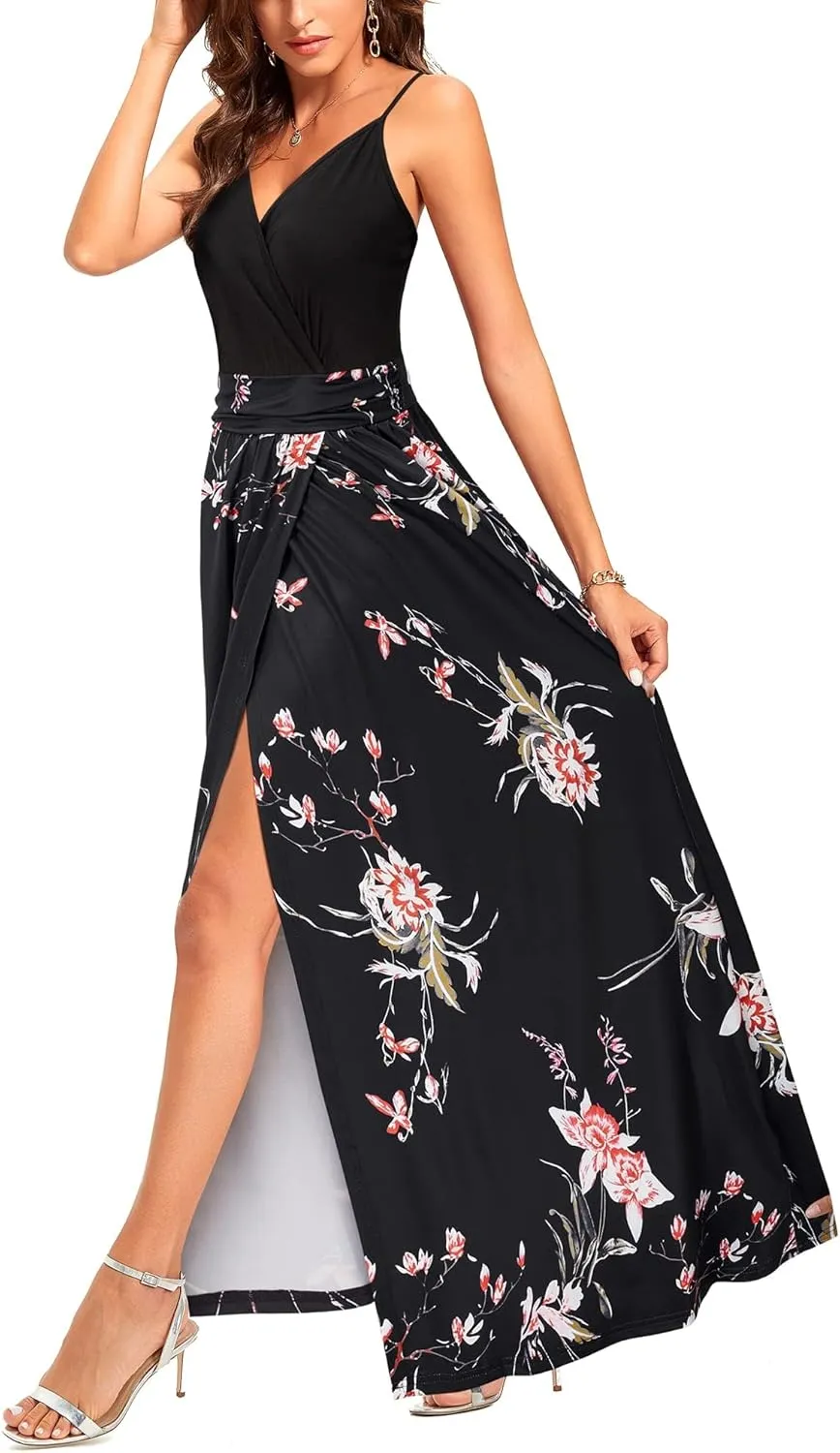 Newshows Women Summer 2025 Maxi Dress Vacation Floral Spaghetti Strap Spring Casual Boho Split Beach Long Flowy Sundress