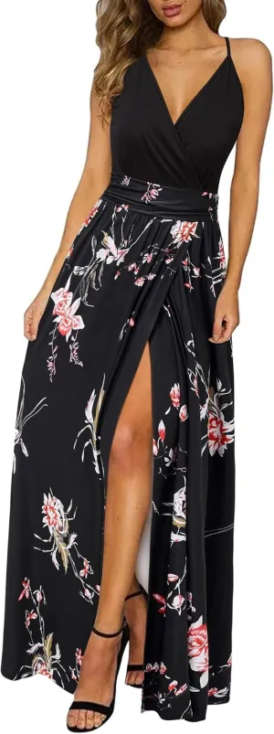 Newshows Women Summer 2025 Maxi Dress Vacation Floral Spaghetti Strap Spring Casual Boho Split Beach Long Flowy Sundress