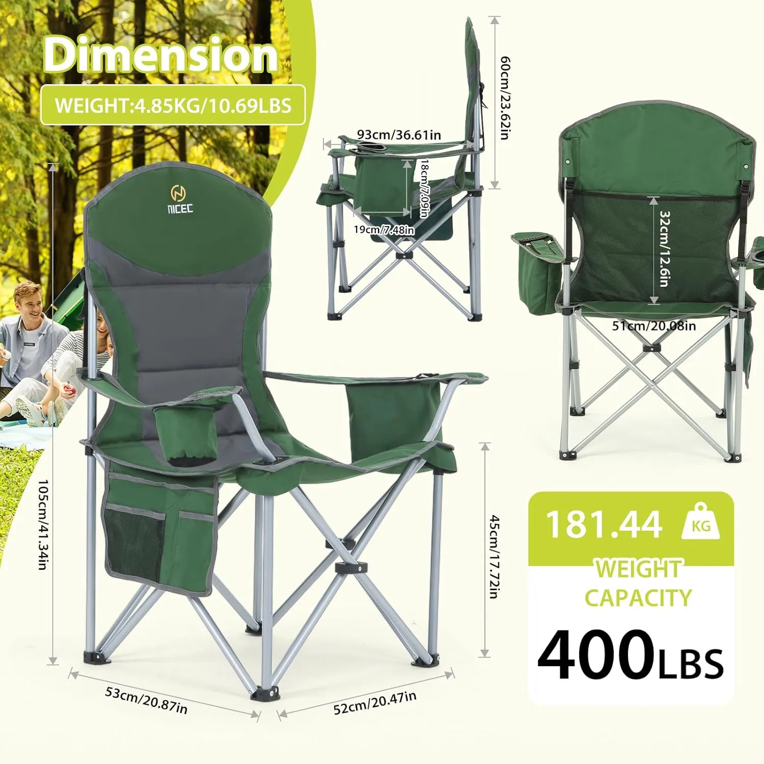 Nice C Camping Chair, Portable Chair, Lawn Chairs, Outdoor Chairs, with Armrest, Cooler Bag, Cup Holder, Side Pocket, for Camping, Traveling, Picnic (Green&Grey 1-Pack)
