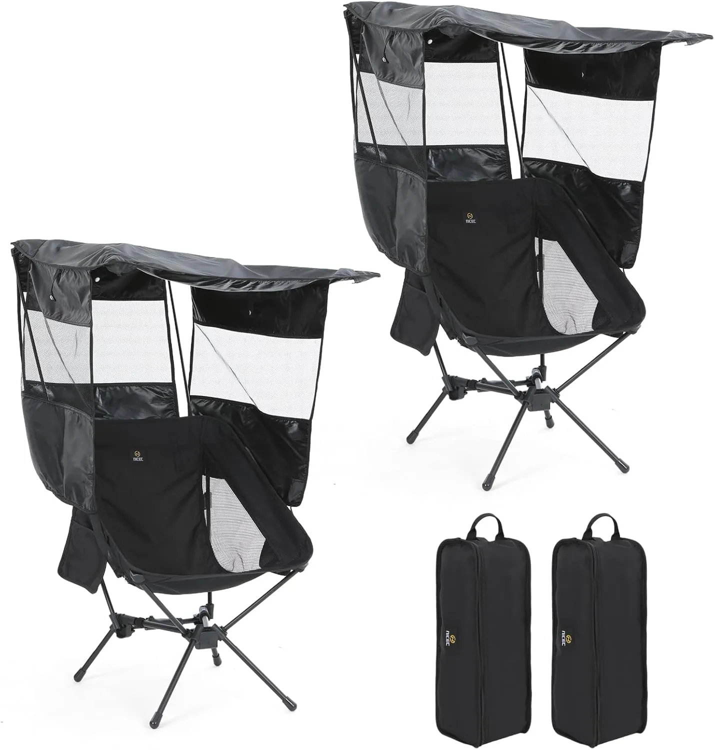 Nice C Camping Chair with Canopy, Folding Beach Chair with Sunshade, Portable Backpack Chairs, Detachable Canopy, Low Profile, High Back, Carry Bag, Lightweight (2-Pack Black)