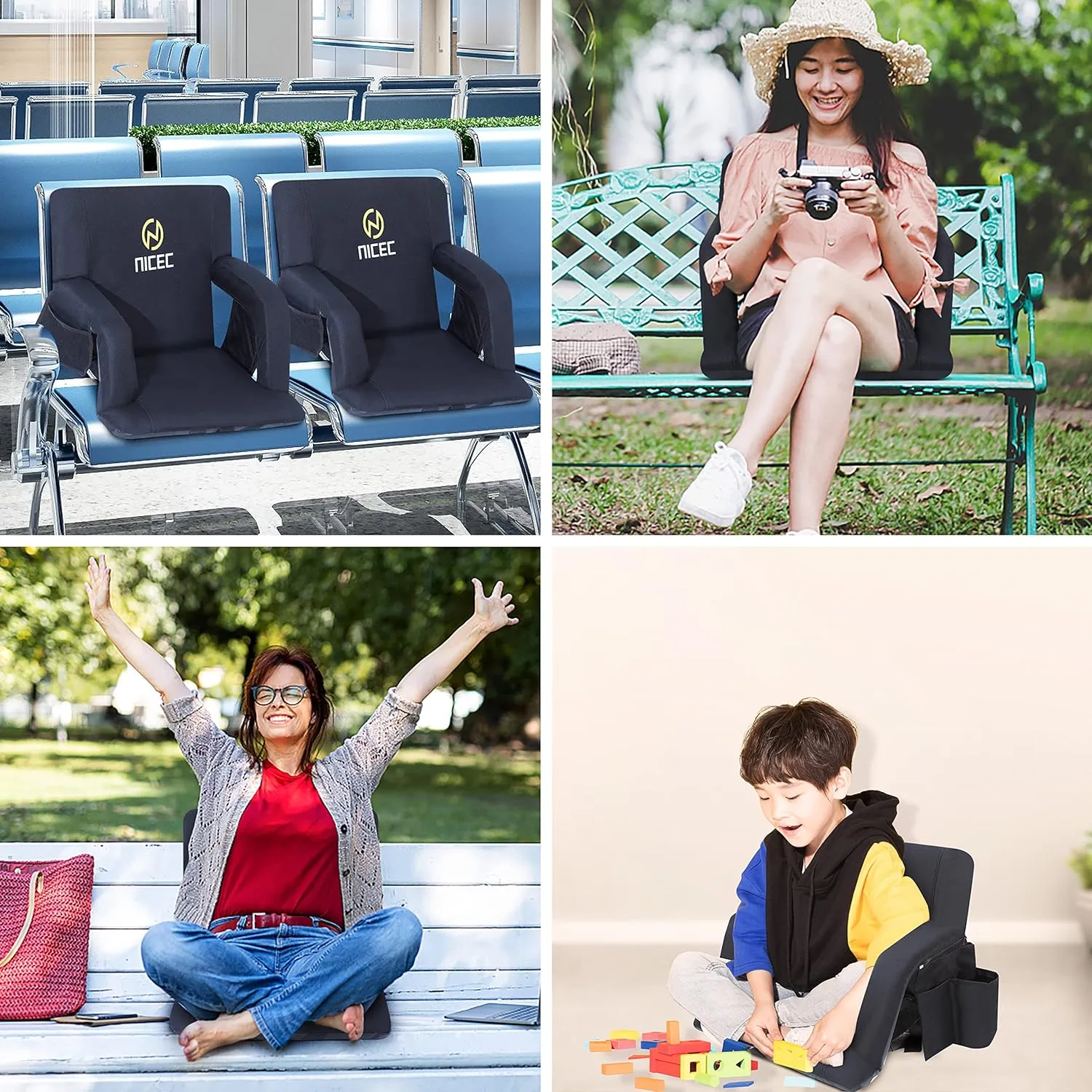Nice C Stadium Seats, Floor Chair, Bleacher Chairs, 5 Reclining Positions Waterproof Cushion, Ultralight, Foldable, Extra Thick Padding, with Shoulder Straps & Net Pockets