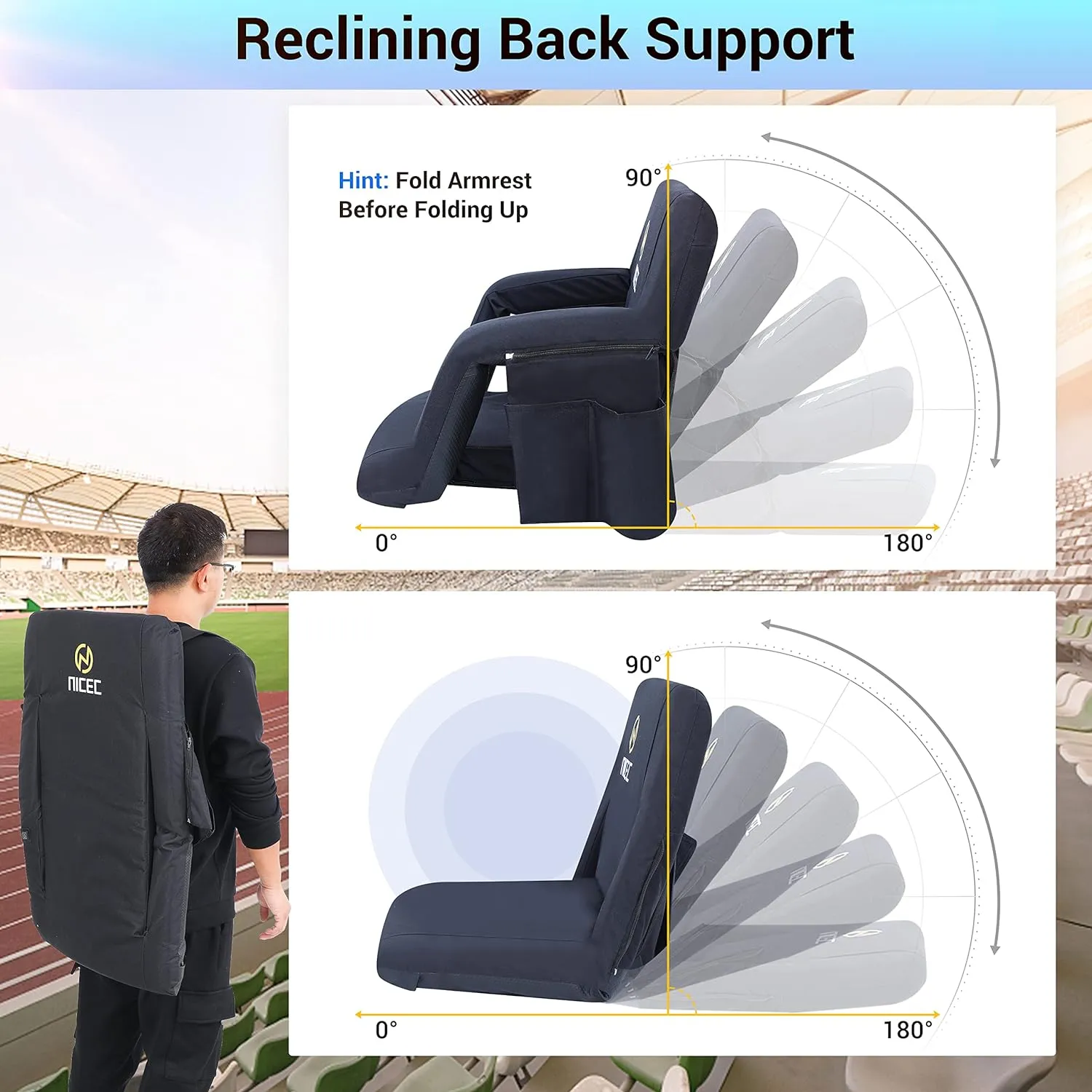 Nice C Stadium Seats, Floor Chair, Bleacher Chairs, 5 Reclining Positions Waterproof Cushion, Ultralight, Foldable, Extra Thick Padding, with Shoulder Straps & Net Pockets