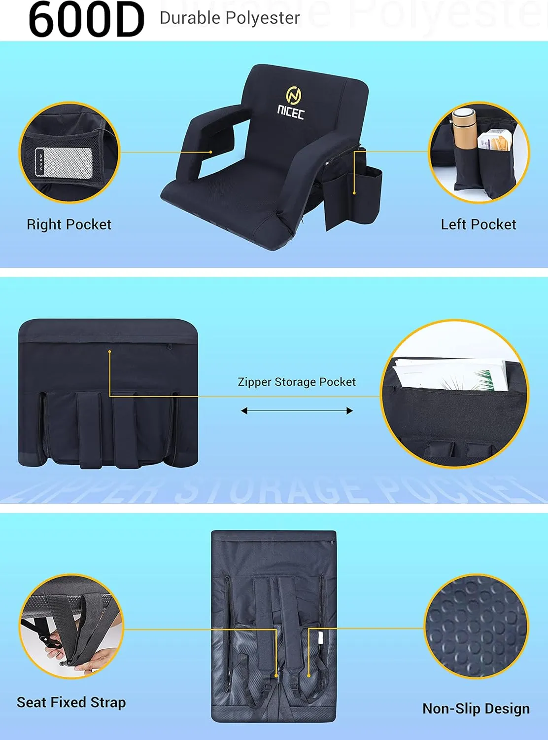 Nice C Stadium Seats, Floor Chair, Bleacher Chairs, 5 Reclining Positions Waterproof Cushion, Ultralight, Foldable, Extra Thick Padding, with Shoulder Straps & Net Pockets