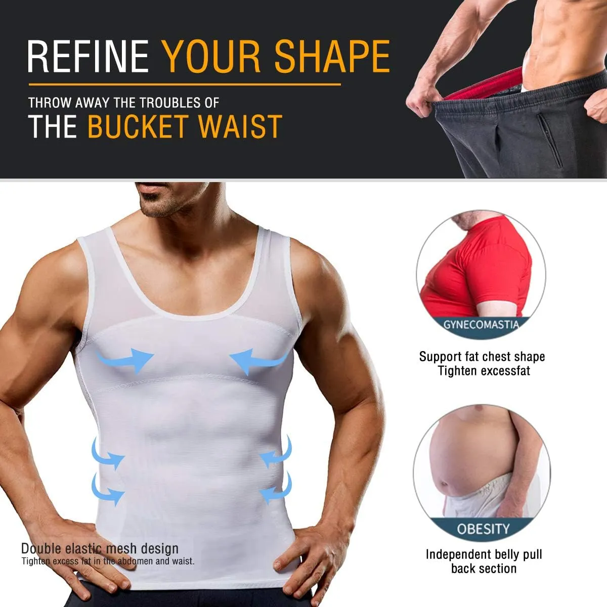 NonEcho Men Shapewear Compression Shirts Undershirts Slimming Body Shaper Waist Trainer Tank Top Vest with Zipper