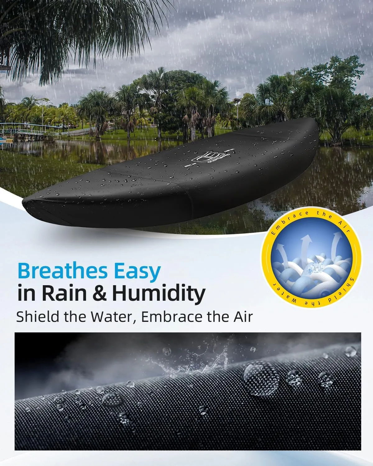 OCEANBROAD 300D/420D/600D Kayak Cover, Water-Resistant UV-Resistant Kayak Canoe Fishing Boat Dust Covers for Indoor and Outdoor Storage, Suitable for 12.3-13.5ft Kayak, 300D Black