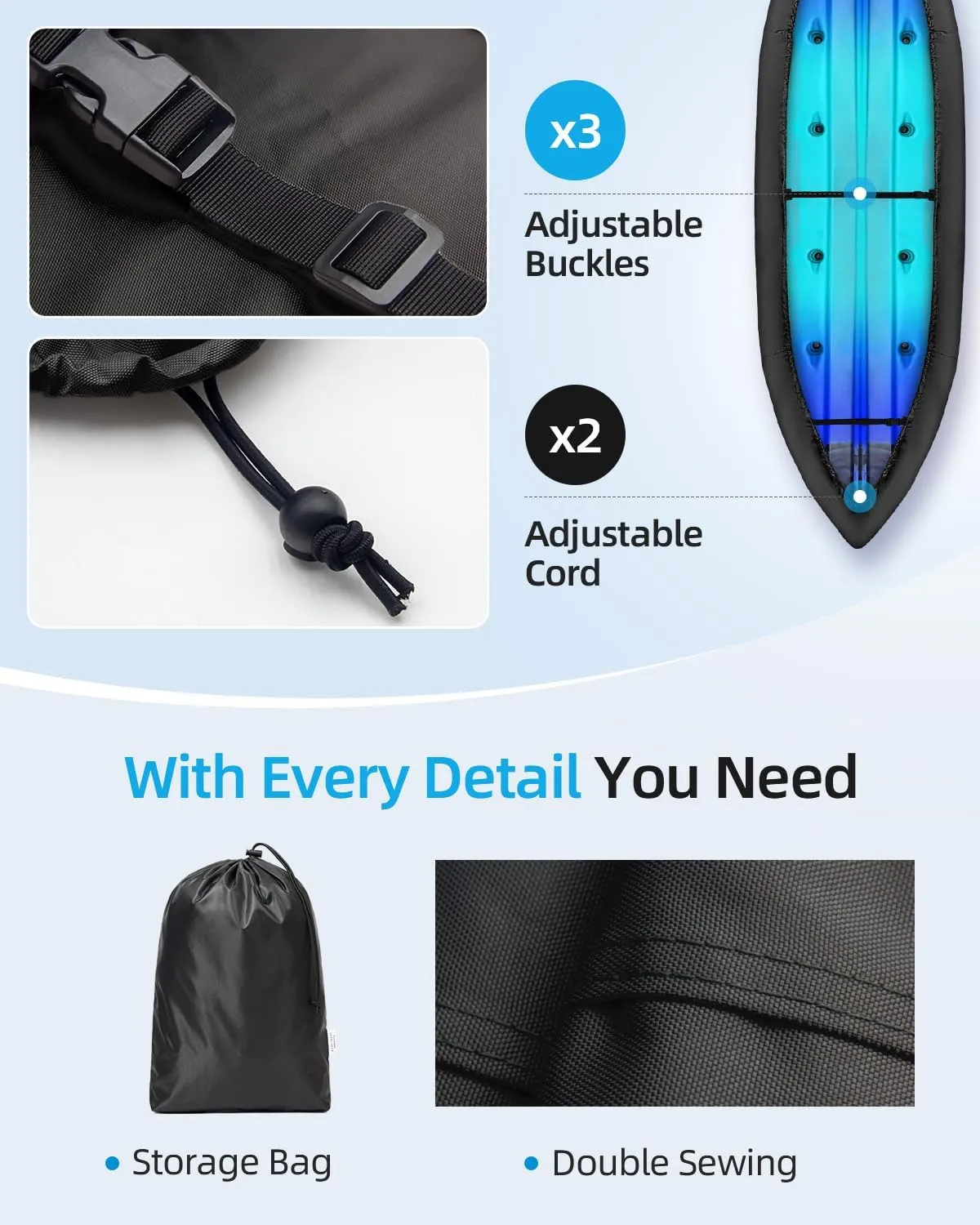 OCEANBROAD 300D/420D/600D Kayak Cover, Water-Resistant UV-Resistant Kayak Canoe Fishing Boat Dust Covers for Indoor and Outdoor Storage, Suitable for 12.3-13.5ft Kayak, 300D Black