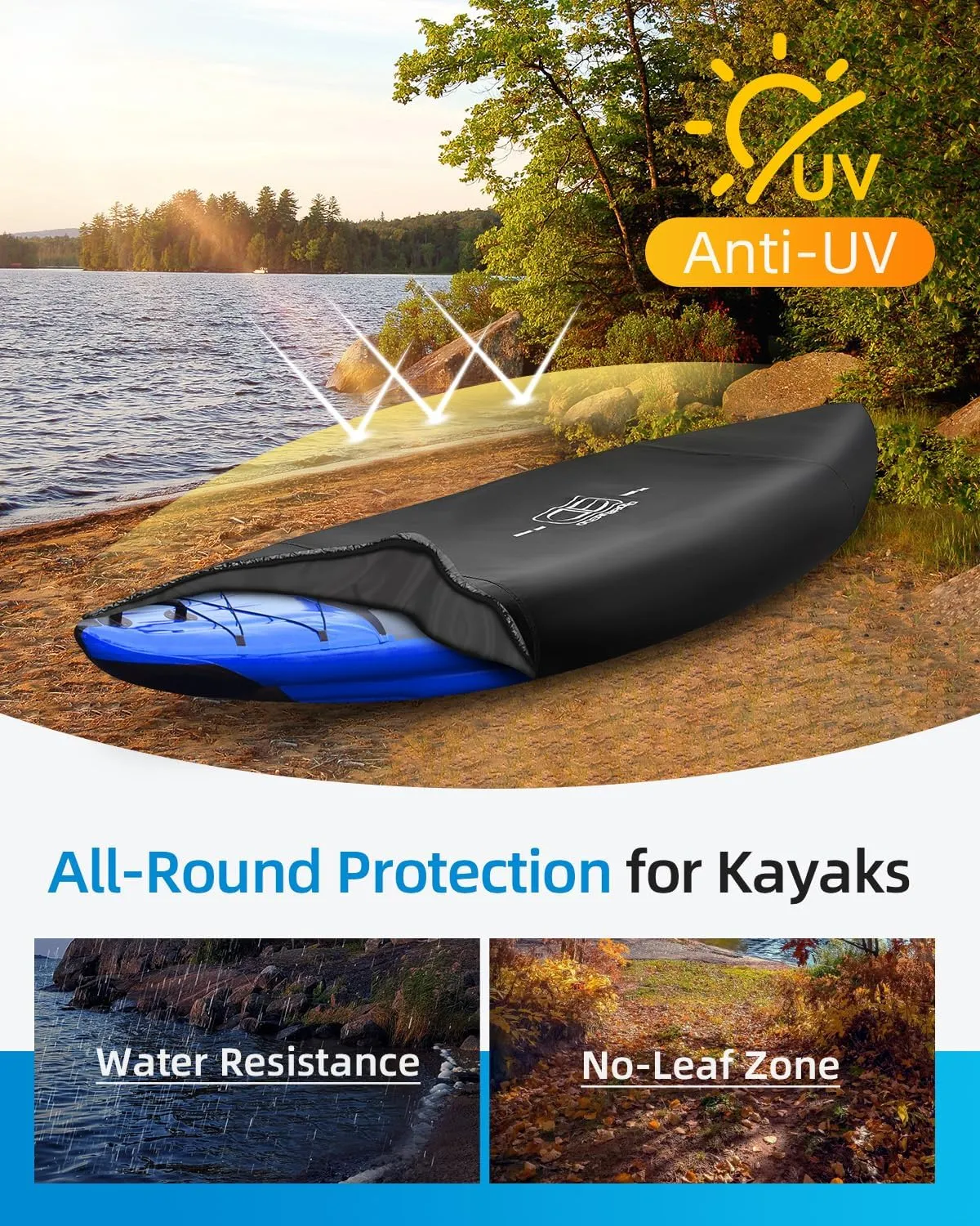 OCEANBROAD 300D/420D/600D Kayak Cover, Water-Resistant UV-Resistant Kayak Canoe Fishing Boat Dust Covers for Indoor and Outdoor Storage, Suitable for 12.3-13.5ft Kayak, 300D Black
