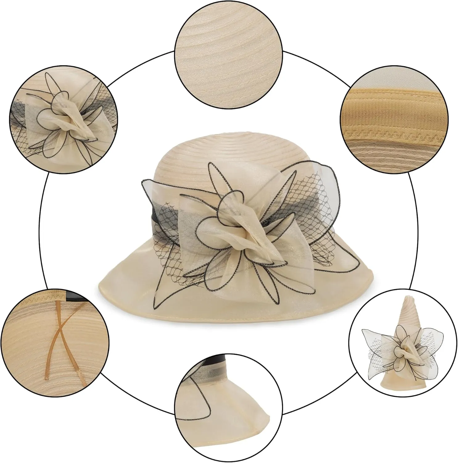 Organza Fascinator Tea-Party Derby-Hats for Women - Flower Wide Brim Church Sunday Sun Hat