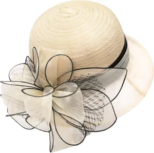 Organza Fascinator Tea-Party Derby-Hats for Women - Flower Wide Brim Church Sunday Sun Hat
