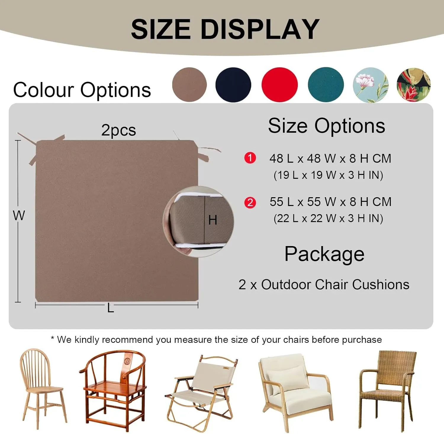 Outdoor Chair Cushions Set of 2, Waterproof Outdoor Seat Cushions for Patio Furniture, Patio Chair Cushion with Ties, Square Out Door Chair Pads,19" X 19" X 3", Dark Green