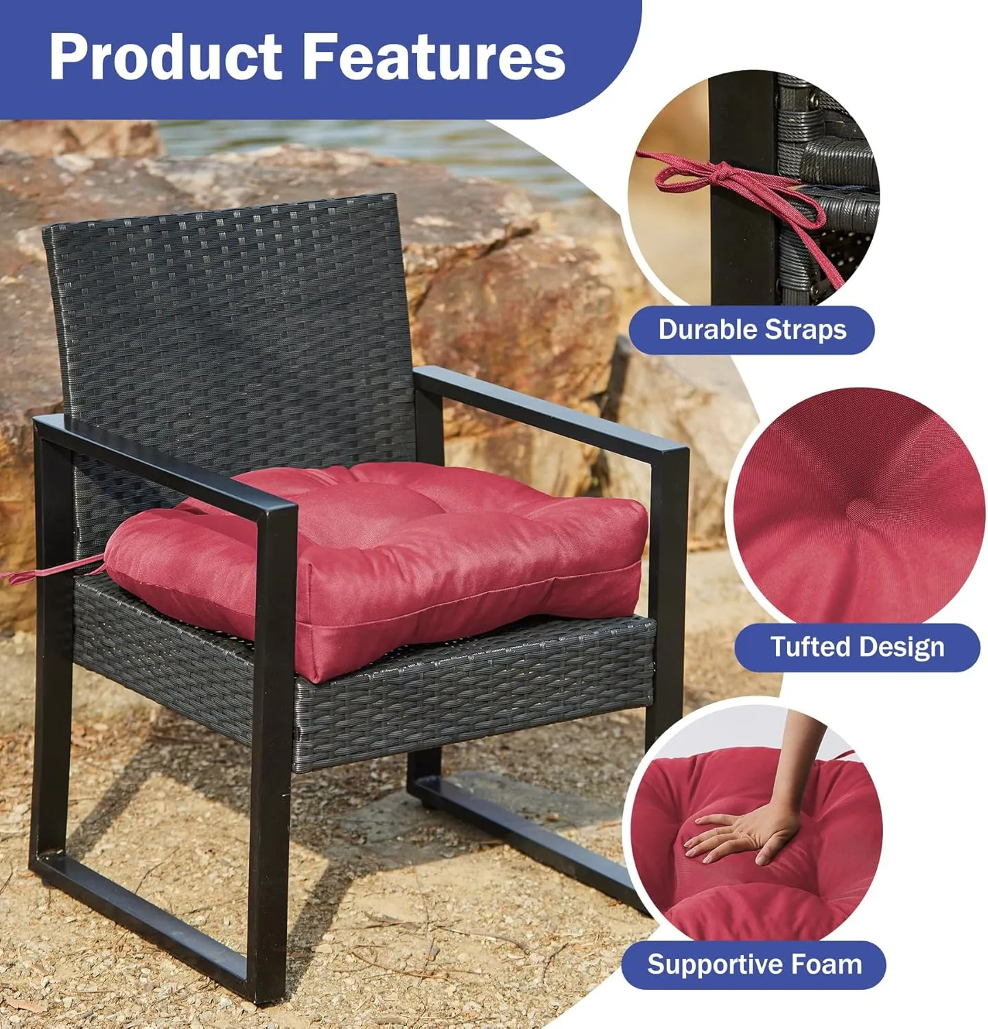 Outdoor Chair Cushions Set of 4, Patio Chair Cushions with Ties, 19x19 Tufted Outdoor Seat Cushions, Waterproof Patio Furniture Cushions, Outdoor Dining Chair Pads, Burgundy