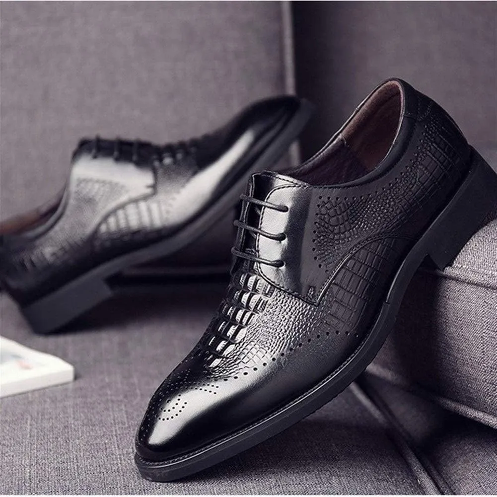 Oxford Shoes for Men Lace Up Brogue Crocodile Print Derby Shoes Cowhide Low Top Non Slip Rubber Sole Wedding