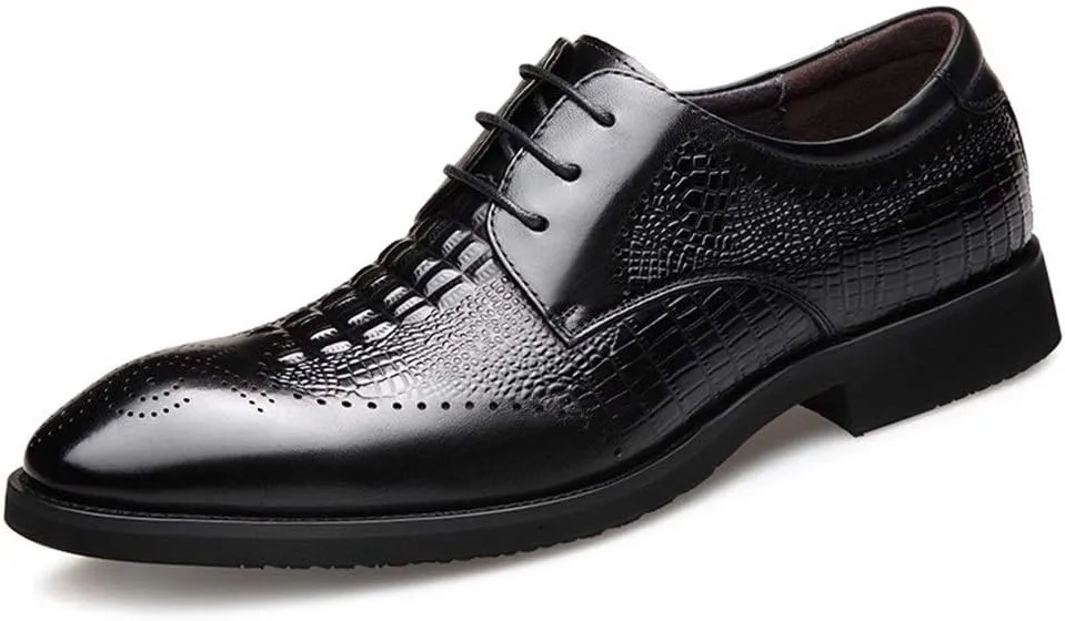 Oxford Shoes for Men Lace Up Brogue Crocodile Print Derby Shoes Cowhide Low Top Non Slip Rubber Sole Wedding