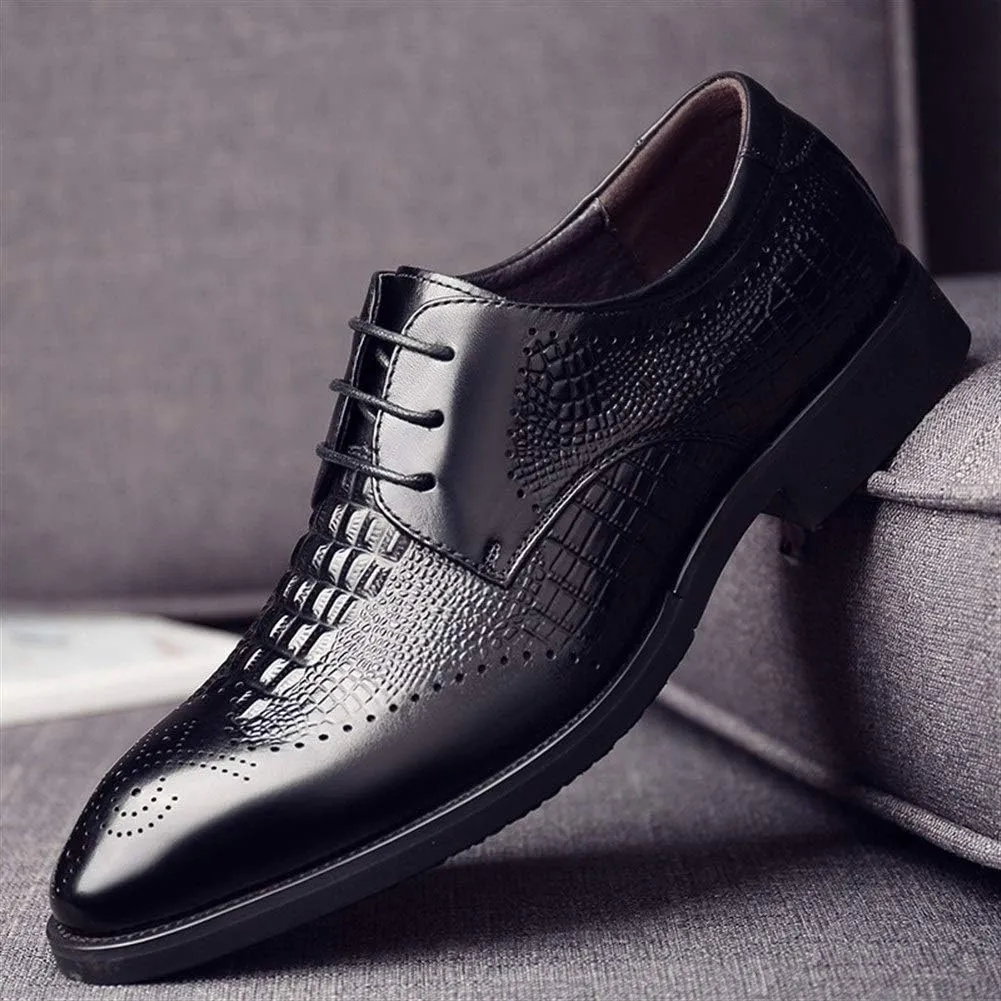 Oxford Shoes for Men Lace Up Brogue Crocodile Print Derby Shoes Cowhide Low Top Non Slip Rubber Sole Wedding