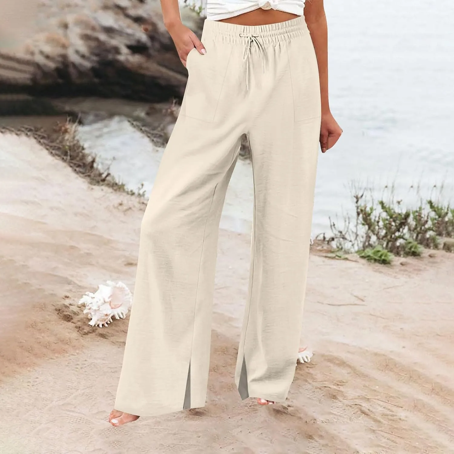 Pants for Women Workout Athletic High Waist Drawstring Palazzo Pants Casual Loose Side Slit Long Lounge Pants with Pockets