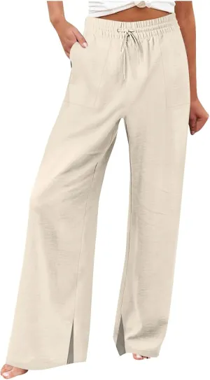 Pants for Women Workout Athletic High Waist Drawstring Palazzo Pants Casual Loose Side Slit Long Lounge Pants with Pockets