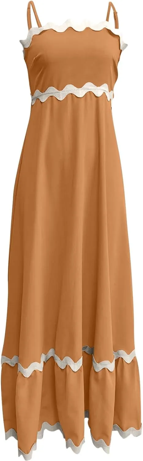 Party Dresses for Women 2024 Elegant Spaghetti Strap Ruffle Maxi Dress Summer Fashion Sleeveless Sundress Going Out