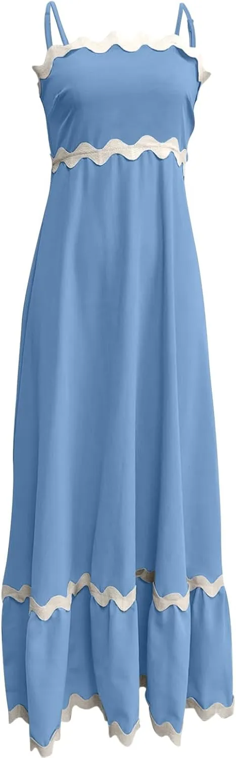 Party Dresses for Women 2024 Elegant Spaghetti Strap Ruffle Maxi Dress Summer Fashion Sleeveless Sundress Going Out