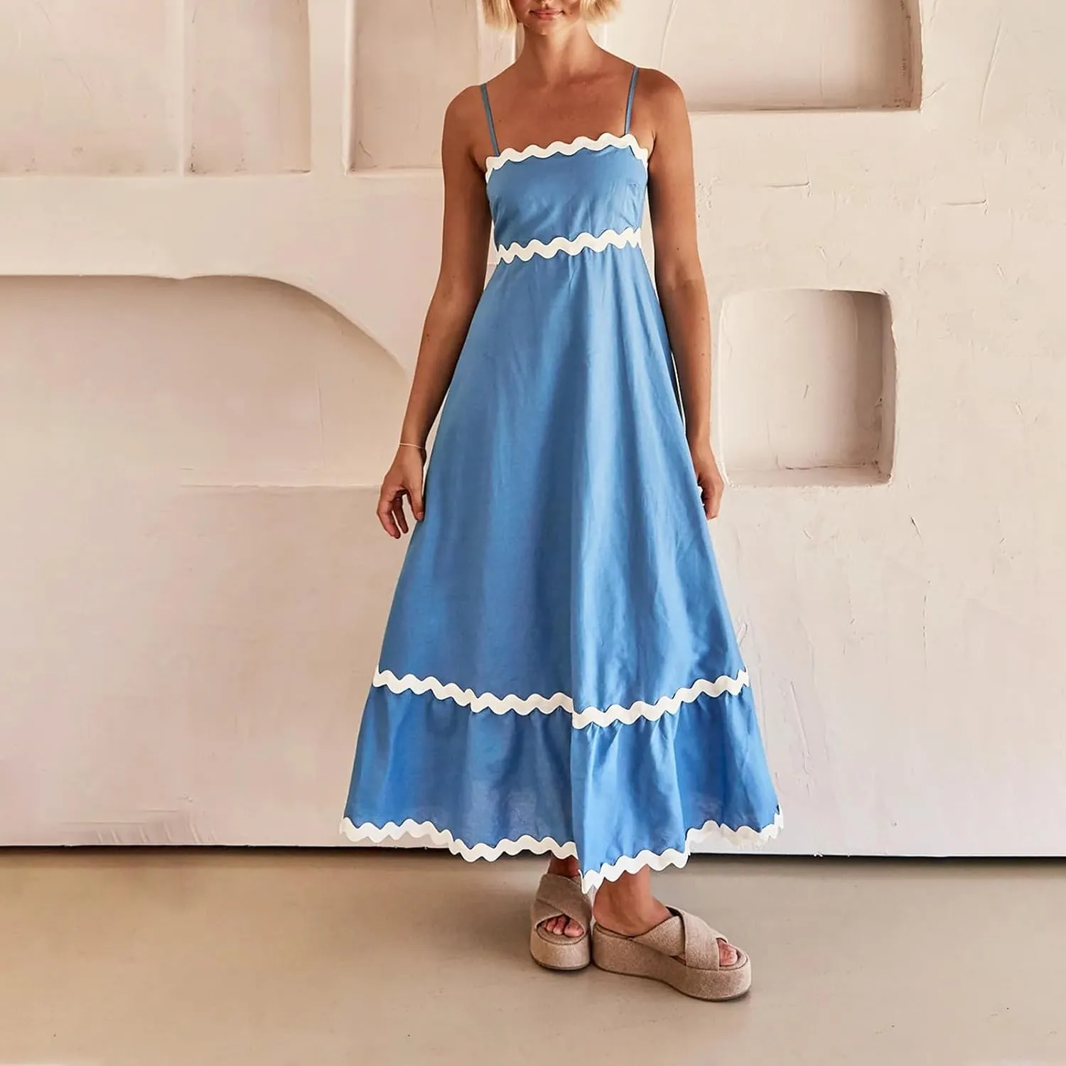 Party Dresses for Women 2024 Elegant Spaghetti Strap Ruffle Maxi Dress Summer Fashion Sleeveless Sundress Going Out