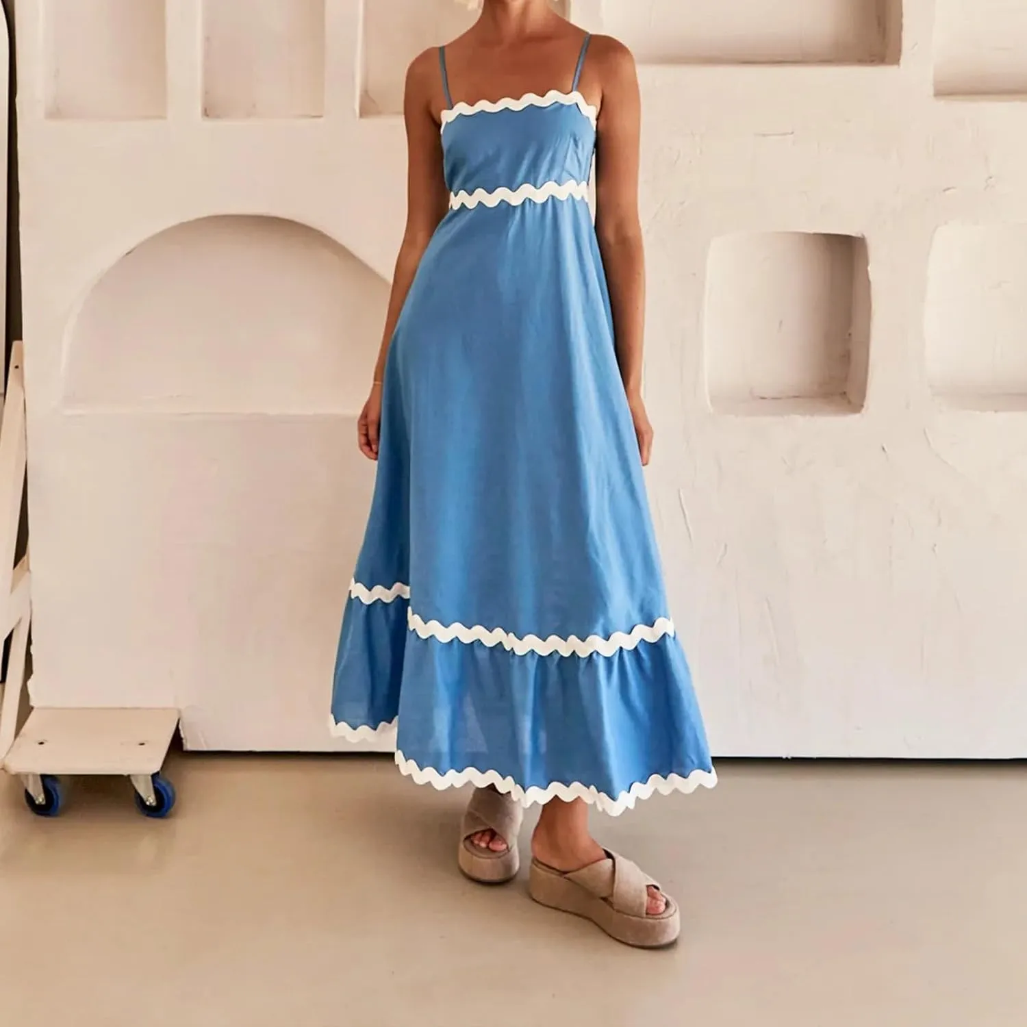 Party Dresses for Women 2024 Elegant Spaghetti Strap Ruffle Maxi Dress Summer Fashion Sleeveless Sundress Going Out